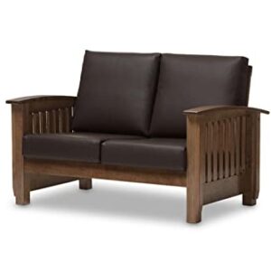 Baxton Studio Charlotte Modern Classic Mission Style Walnut Brown Wood and Dark Brown Faux Leather 2-Seater Loveseat