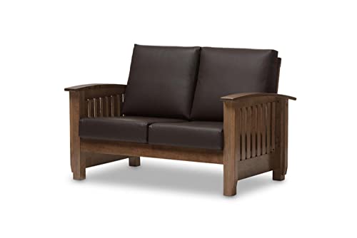 Baxton Studio Charlotte Modern Classic Mission Style Walnut Brown Wood and Dark Brown Faux Leather 2-Seater Loveseat