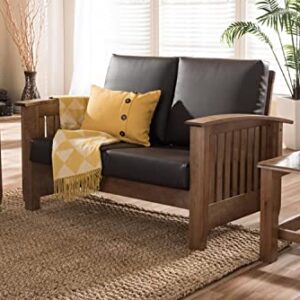 Baxton Studio Charlotte Modern Classic Mission Style Walnut Brown Wood and Dark Brown Faux Leather 2-Seater Loveseat