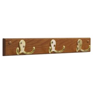 wooden mallet, brass, medium oak 3 double prong hook rail/coat rack