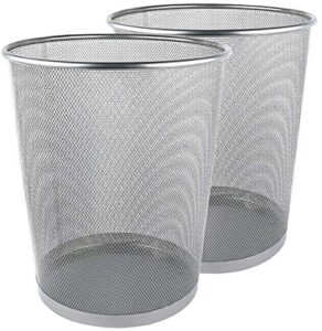 greenco small trash cans for home or office, 2-pack, 6 gallon silver mesh round trash cans, lightweight, sturdy for under desk, kitchen, bedroom, den, or recycling can