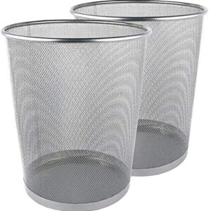 Greenco Small Trash Cans for Home or Office, 2-Pack, 6 Gallon Silver Mesh Round Trash Cans, Lightweight, Sturdy for Under Desk, Kitchen, Bedroom, Den, or Recycling Can