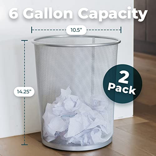 Greenco Small Trash Cans for Home or Office, 2-Pack, 6 Gallon Silver Mesh Round Trash Cans, Lightweight, Sturdy for Under Desk, Kitchen, Bedroom, Den, or Recycling Can