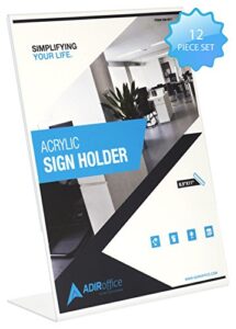 adir plexi acrylic sign holder 8.5" x 11" - shatter resistant acrylic sign holder - great for brochures, advertising pamphlets and restaurant menus - pack of 12