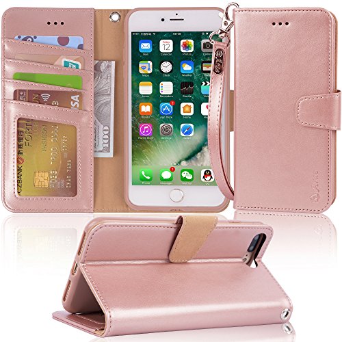 Arae Compatible with iPhone Case Wallet Flip Cover with Card Holder and Wrist Strap for iPhone (iPhone 7 Plus/8 Plus (5.5"), Rose Gold)