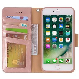 Arae Compatible with iPhone Case Wallet Flip Cover with Card Holder and Wrist Strap for iPhone (iPhone 7 Plus/8 Plus (5.5"), Rose Gold)