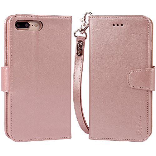 Arae Compatible with iPhone Case Wallet Flip Cover with Card Holder and Wrist Strap for iPhone (iPhone 7 Plus/8 Plus (5.5"), Rose Gold)