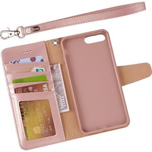 Arae Compatible with iPhone Case Wallet Flip Cover with Card Holder and Wrist Strap for iPhone (iPhone 7 Plus/8 Plus (5.5"), Rose Gold)