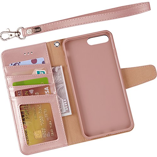 Arae Compatible with iPhone Case Wallet Flip Cover with Card Holder and Wrist Strap for iPhone (iPhone 7 Plus/8 Plus (5.5"), Rose Gold)