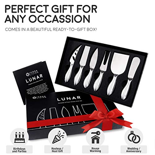 ICOSA Living Lunar 6-Piece Cheese Knife Set - Premium Stainless Steel Cheese Knives Collection - Charcuterie Board Accessories Gift Ready w/ 15 Festive Recipes