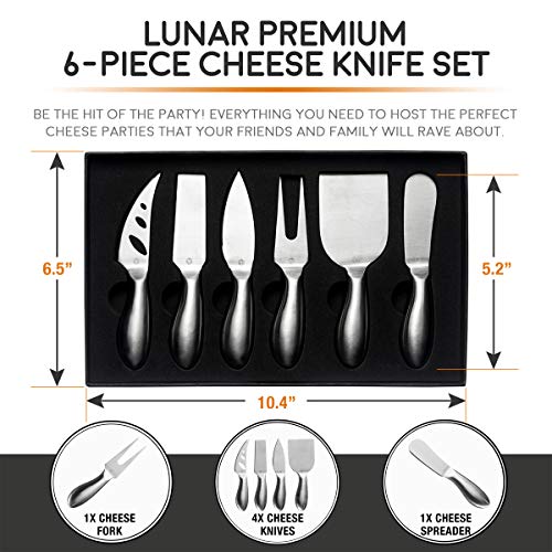 ICOSA Living Lunar 6-Piece Cheese Knife Set - Premium Stainless Steel Cheese Knives Collection - Charcuterie Board Accessories Gift Ready w/ 15 Festive Recipes