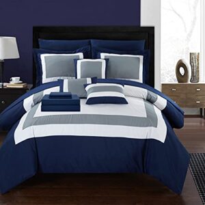 chic home 10-piece bed in a bag comforter set, brushed microfiber,shams, decorative pillows and sheet set included, queen, navy