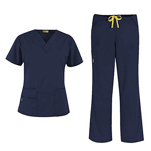 WonderWink Origins Women's 6016 Bravo Top & 5026 Romeo Pant Scrub Bundle (Navy, Large)