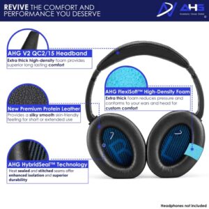 AHG Replacement QC15 Ear Pads & QC15 Headband Pad Compatible with Bose QuietComfort 15 (QC15) & QuietComfort 2 (QC2) Headphones - Soft, Great Comfort + Durability, Protein Leather (Black)