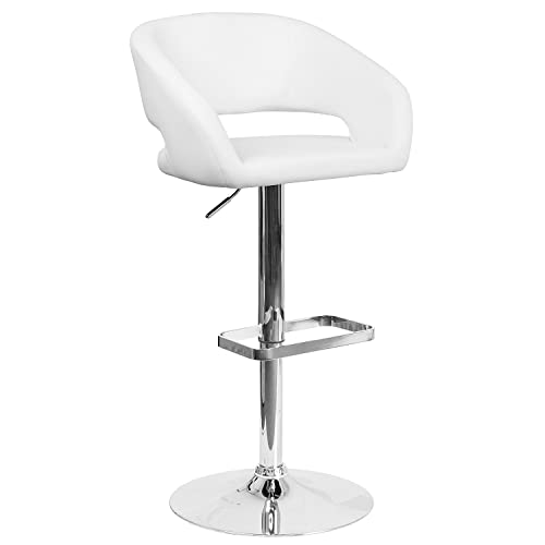 Flash Furniture Erik Comfortable & Stylish Contemporary Barstool with Rounded Mid-Back and Foot Rest, Adjustable Height - White Vinyl with Chrome Base