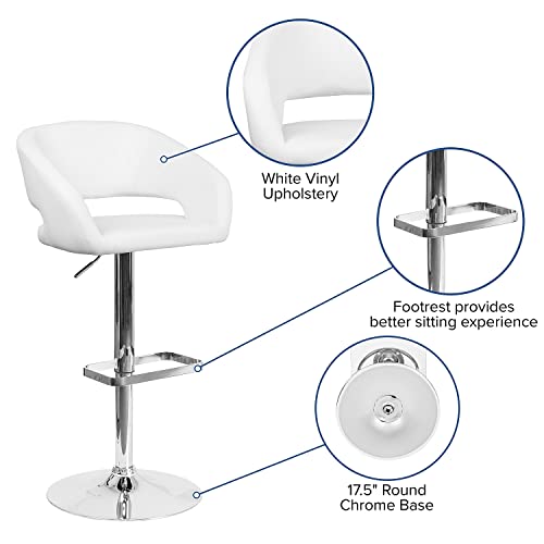 Flash Furniture Erik Comfortable & Stylish Contemporary Barstool with Rounded Mid-Back and Foot Rest, Adjustable Height - White Vinyl with Chrome Base