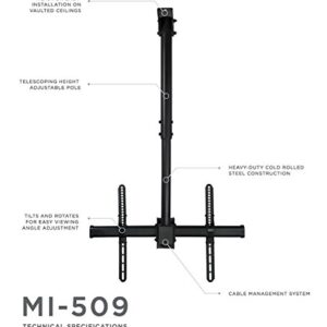 Mount-It! TV Ceiling Mount Bracket, Adjustable Height Full Motion 360 Deg Rotation Tilting Swiveling for Flat Panel LCD LED OLED Plasma TVs, Fits up to 75 Inch TVs, 110 Pound Capacity, Black (MI-509B)