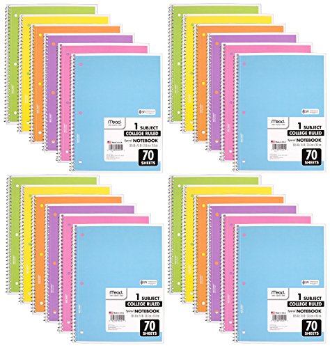 Mead Spiral Notebook, 24 Pack of 1-Subject College Ruled Spiral Bound Notebooks, Pastel Color Cute school Notebooks 70 Pages