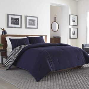 eddie bauer - queen comforter set, reversible cotton bedding with matching shams, pre-washed for added softness (kingston navy, queen)