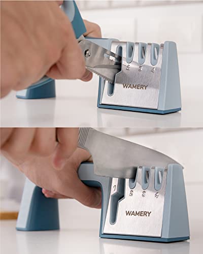 Wamery Knife and Scissors Sharpener 4-Stage. Repairs, Restores, & Polishes Blades of Any Hardness. Ergonomic Handle & Anti-Slip Safe Pads. Kitchen Knife Sharpener. Sharpening Tool for Knives & Shears.