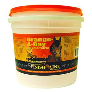 finish line horse mineral electrolyte supplement. helps keep horses hydrated. no sugars or dyes added (orange-a-day)