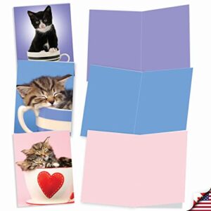 The Best Card Company - 10 Adorable Blank Cat Cards (4 x 5.12 Inch) - Cute Pet Kittens, Assorted Bulk Notecard Set - Cup-Cats M3969