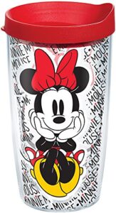 tervis disney - minnie mouse name pattern tumbler with wrap and red lid 16oz, clear