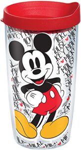 tervis disney - mickey mouse name pattern tumbler with wrap and red lid 16oz, clear