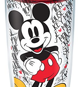 Tervis Disney - Mickey Mouse Name Pattern Tumbler with Wrap and Red Lid 16oz, Clear