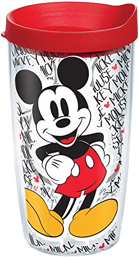 Tervis Disney - Mickey Mouse Name Pattern Tumbler with Wrap and Red Lid 16oz, Clear