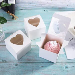 ONE MORE 3" Mini Single Favor White Cupcake Boxes with Heart Shape Window without Handle,Small Cupcake Box Carrier Individual Containers 3X3X3inch,Pack of 25