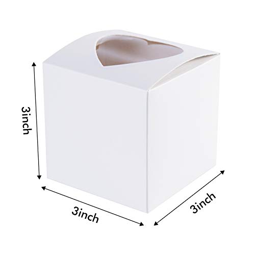 ONE MORE 3" Mini Single Favor White Cupcake Boxes with Heart Shape Window without Handle,Small Cupcake Box Carrier Individual Containers 3X3X3inch,Pack of 25