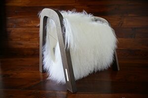 milabert exclusive oak wood magazine rack with genuine white rare mongolian/tibetan sheepskin rug - curly soft wool - design furniture (mr1)