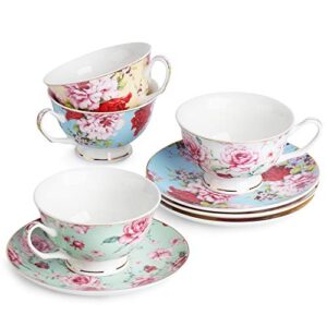 BTäT- Floral Tea Cups and Saucers, Set of 4 (7oz) with Gold Trim and Gift Box, Cappuccino Cups, Latte Cups, Tea Set for Adults, Porcelain Tea Cups, Tea Cups for Tea Party, Rose Teacups, China Tea Cups