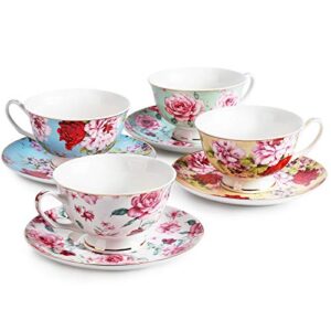 BTäT- Floral Tea Cups and Saucers, Set of 4 (7oz) with Gold Trim and Gift Box, Cappuccino Cups, Latte Cups, Tea Set for Adults, Porcelain Tea Cups, Tea Cups for Tea Party, Rose Teacups, China Tea Cups