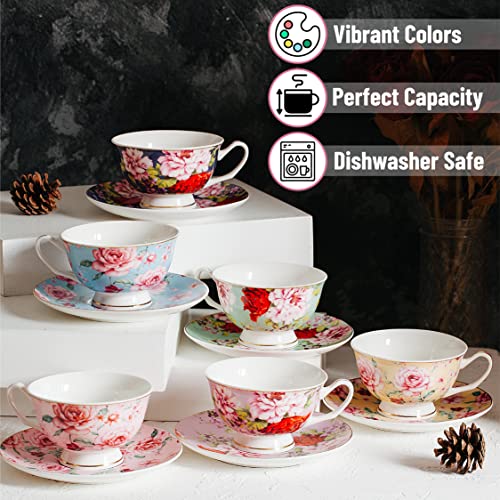 BTaT- Tea Cups, Tea Cups and Saucers Set of 6, Tea Set, Floral Tea Cups (8oz), Tea Cups and Saucers Set, Tea Set, Porcelain Tea Cups, Tea Cups for Tea Party, Rose Teacups, China Tea Cups (Bone China)