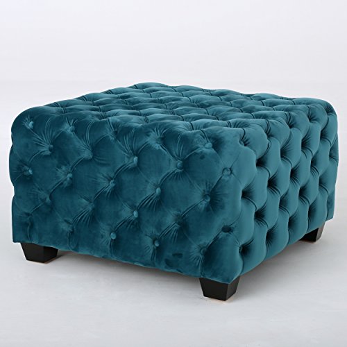 Great Deal Furniture Provence Modern Glam Button Tufted Velvet Ottoman, Dark Teal and Dark Brown