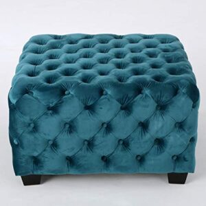 Great Deal Furniture Provence Modern Glam Button Tufted Velvet Ottoman, Dark Teal and Dark Brown