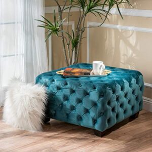 Great Deal Furniture Provence Modern Glam Button Tufted Velvet Ottoman, Dark Teal and Dark Brown