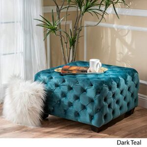 Great Deal Furniture Provence Modern Glam Button Tufted Velvet Ottoman, Dark Teal and Dark Brown