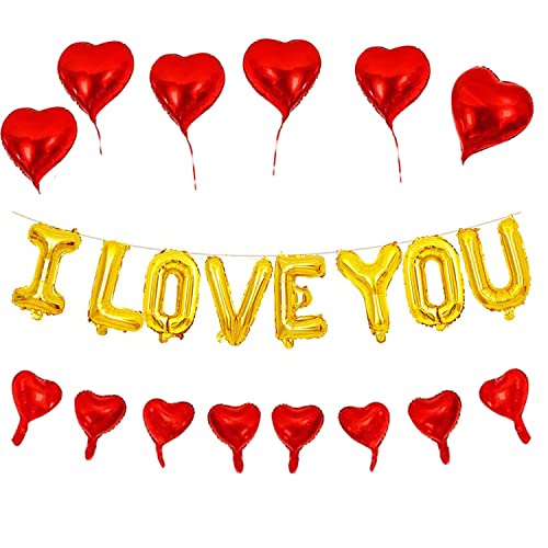 GOER 16 Inch I LVOE YOU Cute Gold Alphabet Letters Foil Balloons Set for Valentine's Day and Weedding Party Decoration Supplies,Include 22 Balloons