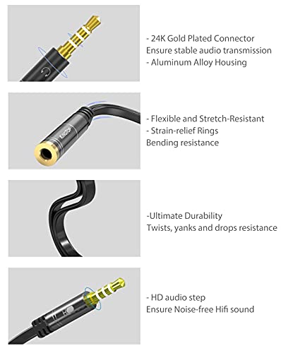 KINGTOP Headphone Splitter 3.5mm, Mic Audio Splitter, Headset Splitter Cable for Gaming Headset with Separate Audio Microphone Jacks (Not for 2 Headphones)