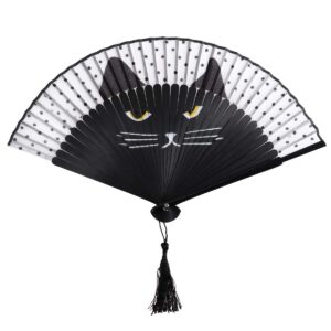 oulii women cartoon cat folding silk fan handheld fan (black)