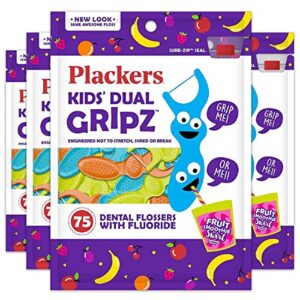 plackers kids dual gripz flossers with fluoride, grip me handle, fruit smoothie swirl flavor, bpa free, colorful floss picks for kids of all ages, 75 count (pack of 4)