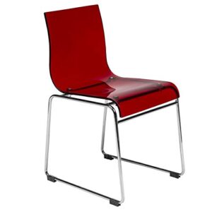leisuremod lima mid-century modern acrylic dining chair with chrome finish steel frame, stackable accent side chair for kitchen and dining room in transparent red