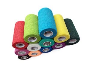 wildcow vet wrap bulk bandage tape (4 inch 12 color pack), water resistant self adherent cohesive rolls