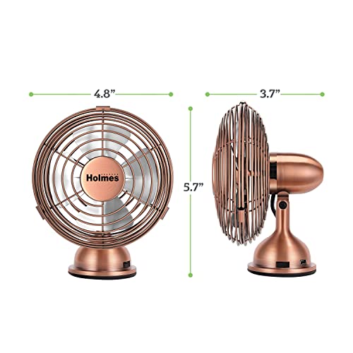 HOLMES 4" Mini Heritage Desk Fan, USB-Powered, Single Speed, 4 Blades, Adjustable 100° Head Tilt, Metal Construction, Ideal for Home, Dorm Rooms, Bedrooms, Office or Travel, Vintage Brushed Copper