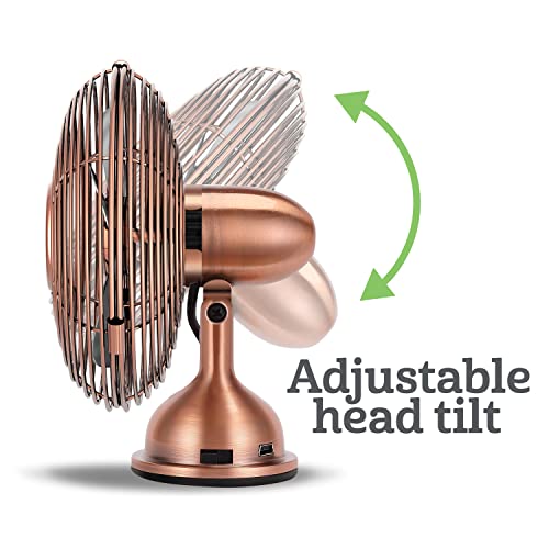 HOLMES 4" Mini Heritage Desk Fan, USB-Powered, Single Speed, 4 Blades, Adjustable 100° Head Tilt, Metal Construction, Ideal for Home, Dorm Rooms, Bedrooms, Office or Travel, Vintage Brushed Copper