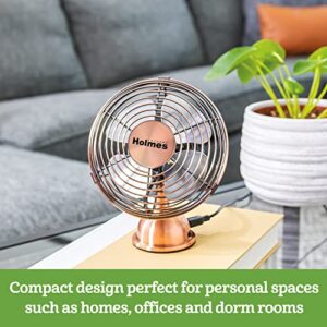 HOLMES 4" Mini Heritage Desk Fan, USB-Powered, Single Speed, 4 Blades, Adjustable 100° Head Tilt, Metal Construction, Ideal for Home, Dorm Rooms, Bedrooms, Office or Travel, Vintage Brushed Copper