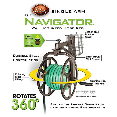 Liberty GARDEN 712 Single Arm Navigator Multi-Directional Garden Hose Reel, Holds 125-Feet of, 5/8-Inch, Bronze